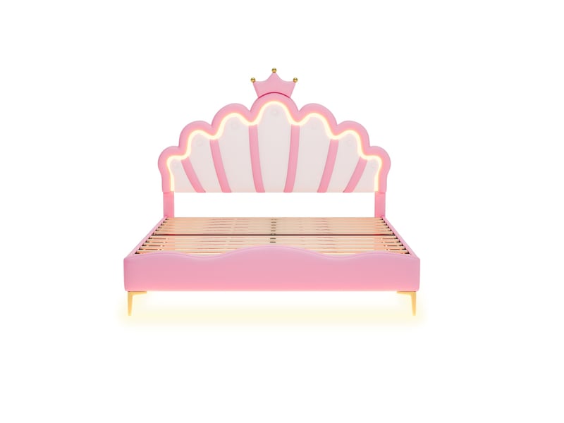  Lit simple 140x200 cm, lit capitonné enfant avec rgb led et tête de lit couronne réglable, lit capitonné avec sommier, rose  - Conforama A