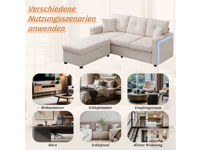  Canapé 3 places avec pouf modulable beige en velours côtelé  - Conforama C
