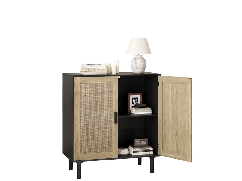 Armoire de rangement 80x40x88 cm, buffet avec 2 portes, style rotin, poignées bois, meuble rangement salon, mdf noir - Conforama A