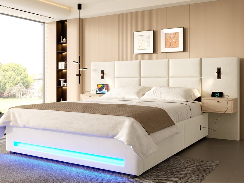  Lit rembourré 160x200, avec tête velours, tiroirs, led, usb-c, coffre hydraulique, structure métallique, beige  - Conforama B