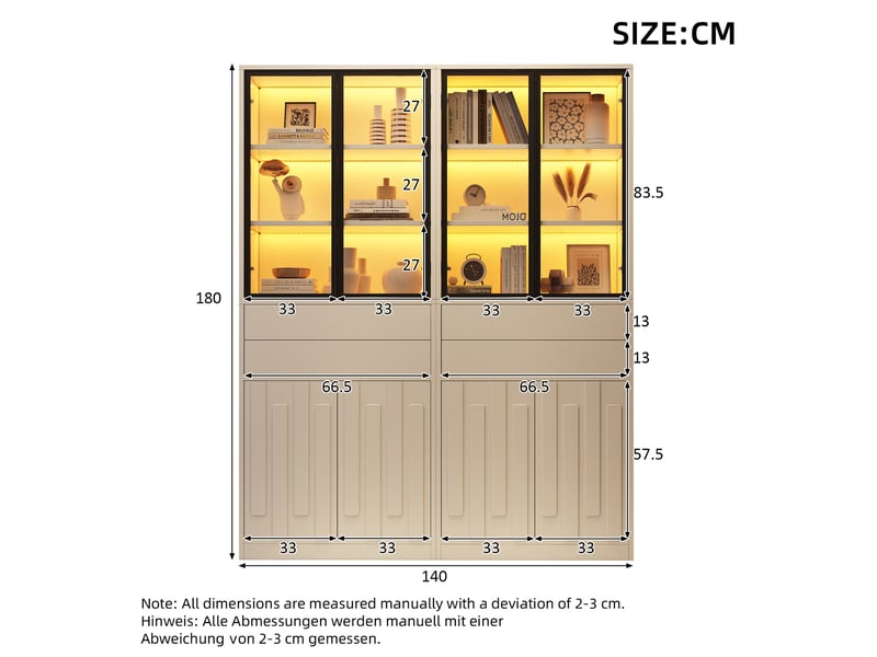 Vitrine 4 portes en verre, 2 tiroirs, éclairage led pour salon, panneau de particules blanc, 140 × 34 × 180 cm - Conforama E