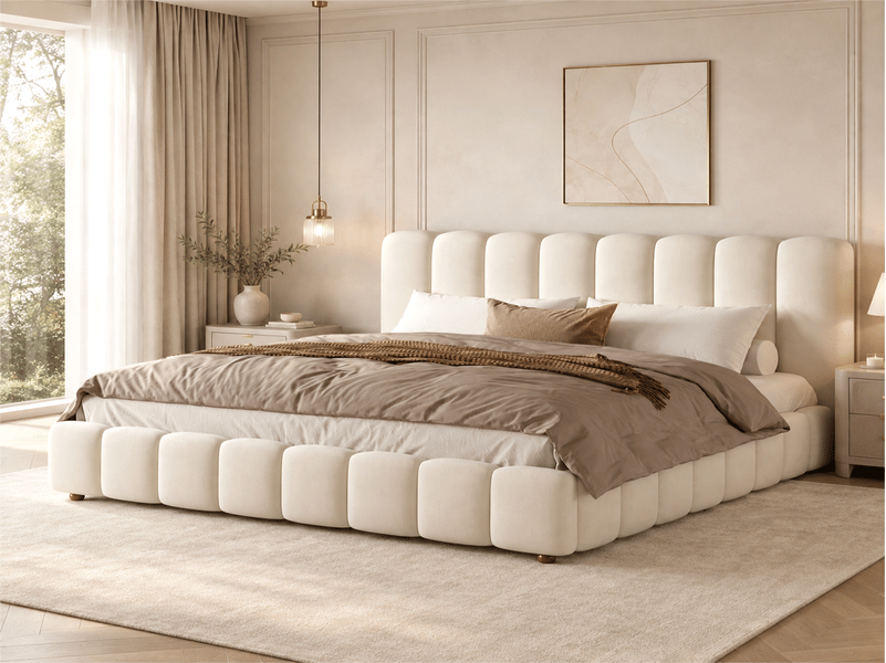  Lit double rembourré 200x200 cm, sommier à lattes, tête de lit rembourrée, pieds en bois massif, velours, beige  - Conforama B