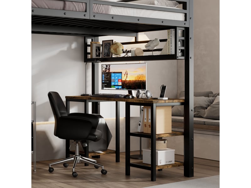 Lit superposé en métal et panneaux de particules noir et noyer foncé 120x200 cm - Conforama E
