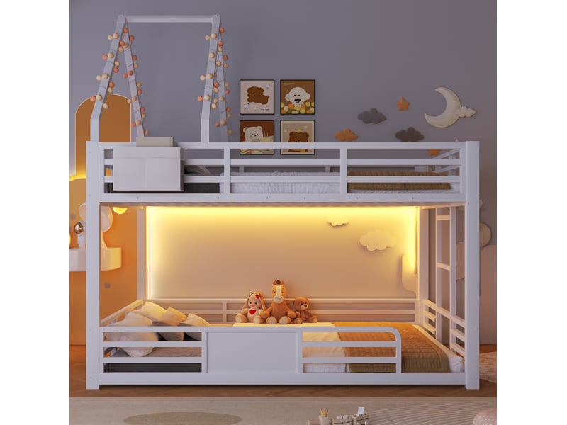  Lit superposé 140x200 cm en métal blanc, forme maison avec led et poches de rangement  - Conforama D