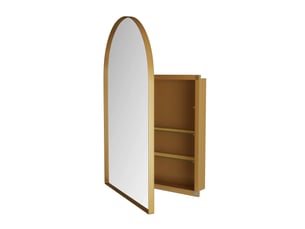 Meuble miroir mural cintré avec étagères métal doré 91x61x12 cm