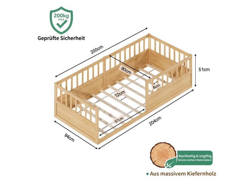  Lit enfant montessori 90x200 cm – avec barrières de sécurité – pin massif – bois naturel CozyNest - Conforama D
