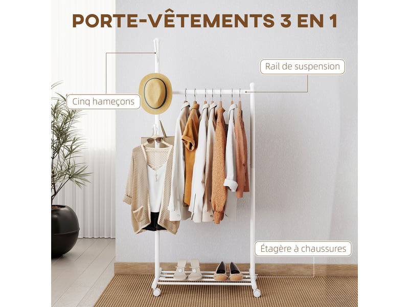  Portant à vêtements, porte-manteau sur roulettes avec étagère à chaussures et 5 crochets, blanc, 68 x 43 x 171 cm  - Conforama A