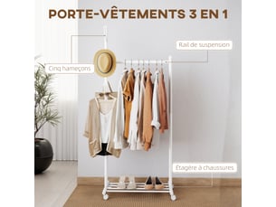 Portant à vêtements, porte-manteau sur roulettes avec étagère à chaussures et 5 crochets, blanc, 68 x 43 x 171 cm