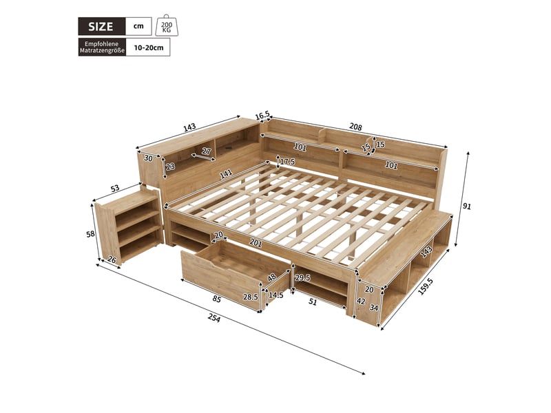  Lit enfant 140x200 cm multifonction avec table de chevet, tiroirs, rangement, recharge sans fil, naturel sans matelas  - Conforama D