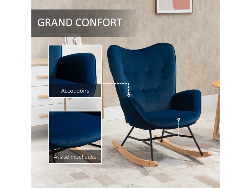  Fauteuil à bascule, rocking chair, fauteuil allaitement confortable avec structure en bois massif et métal pour salon, balcon, chambre, velours bleu  - Conforama R
