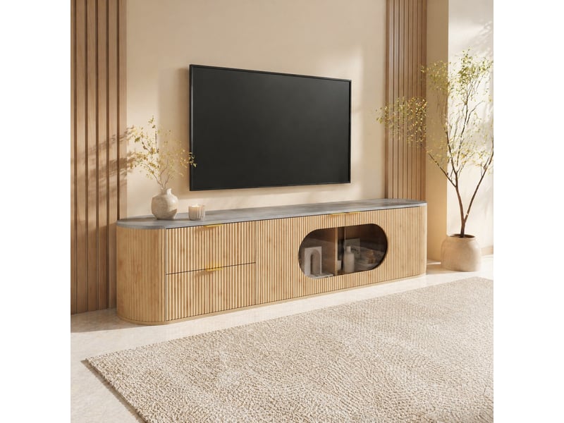  Meuble tv modenvie moderne 172 x 38 x 45,5 cm mdf naturel portes texturées vitrine en verre gris  - Conforama E