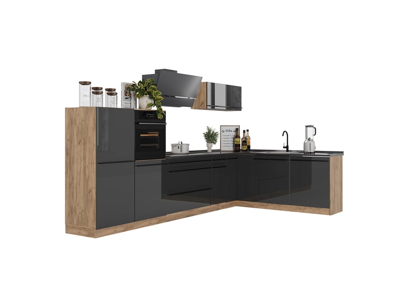  Vicco cuisine en angle, anthracite haute brillancechêne doré, 347 x cm sans plan de travail  - Conforama E