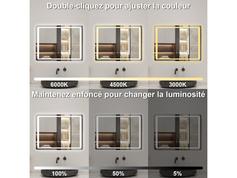  Aica miroir de salle de bain led tri-couleur antibuée, 120x70cm, mémoire, arrêt auto 1h  - Conforama C