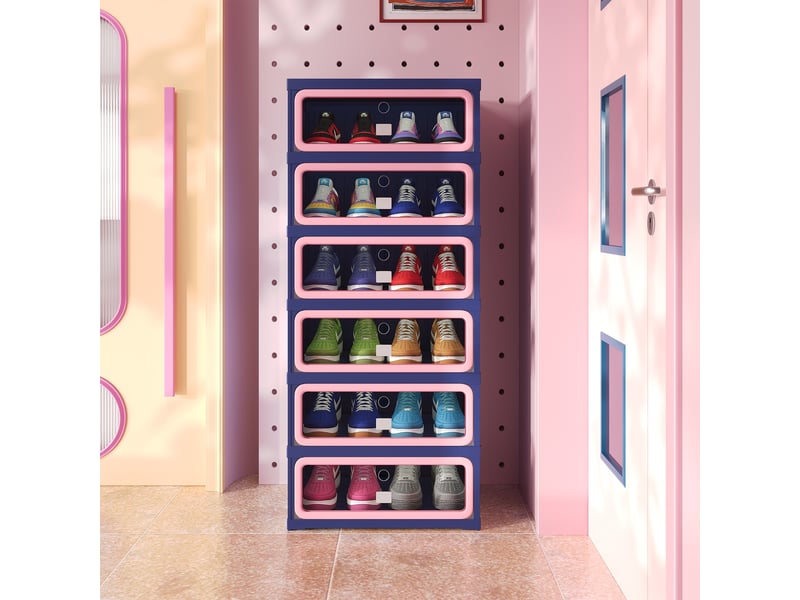Meuble à chaussures pliable - 45x34,5x105,5 cm - meuble de rangement à 1 colonne et 6 niveaux - bleu et rose - Conforama C