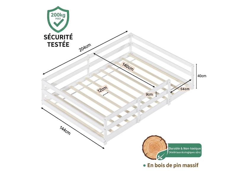  Lit montessori 140x200 au sol enfant avec barrière 4 côtés bois massif blanc  - Conforama C