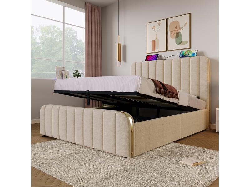  Lit coffre 160x200 en lin beige, tête rembourrée, ports usb et usb-c  - Conforama D