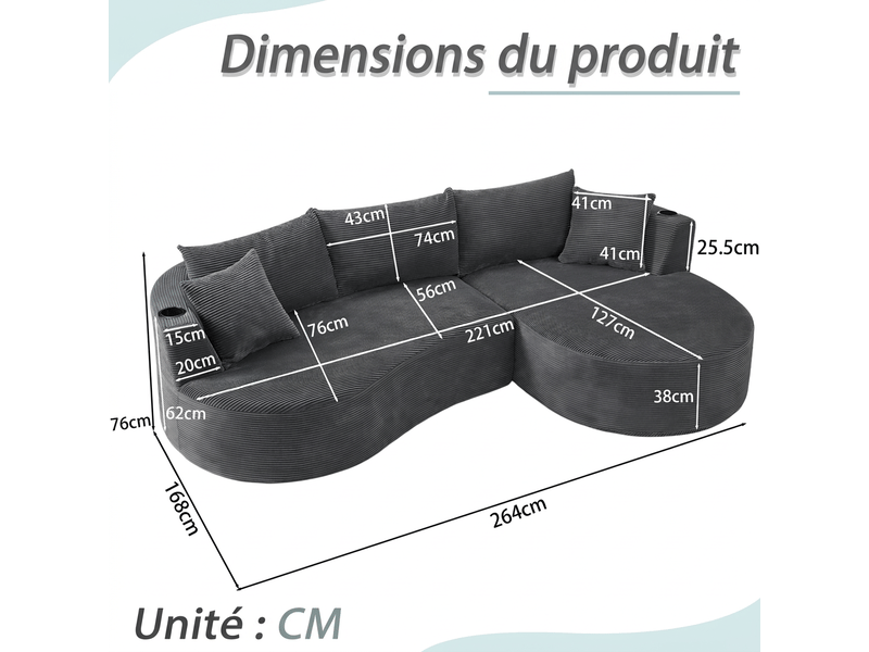  Canapé 3 places avec méridienne droite design courbé, velours côtelé doux, porte-gobelets intégrés  - Conforama C