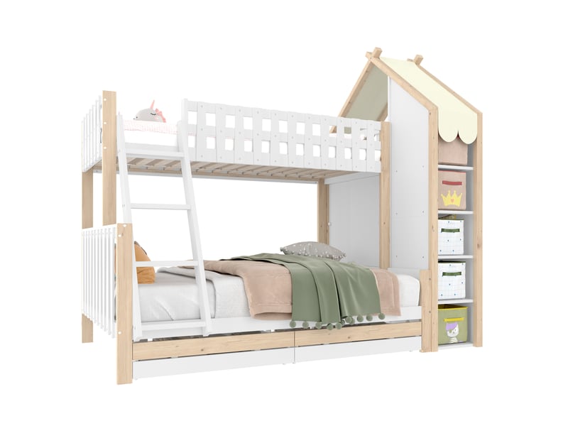 Lit superposé 90x200 et 140x200, lit cabane avec toit et 2 tiroirs, en bois blanc et naturel, barrière de sécurité pour enfant - Conforama A