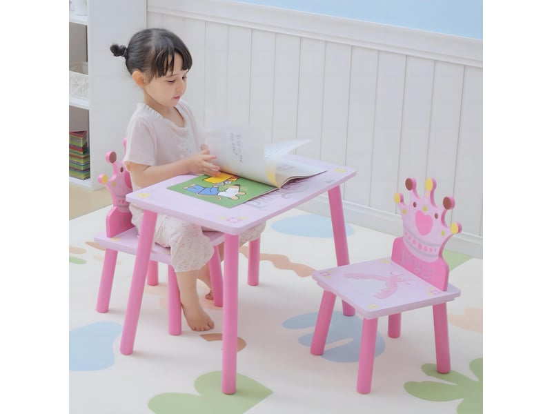  Ensemble table + 2 chaises enfant 3 pièces, pieds bois massif, motif couronne, 2-4 ans, rose.  - Conforama C