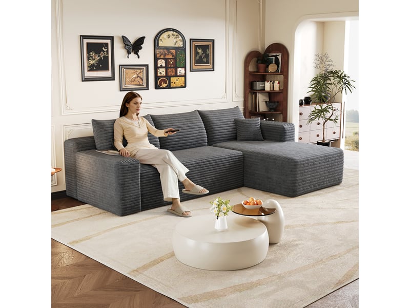  Canapé d'angle gris foncé 3 places en velours côtelé, canapé en l avec méridienne, 241 cm pour salon  - Conforama D