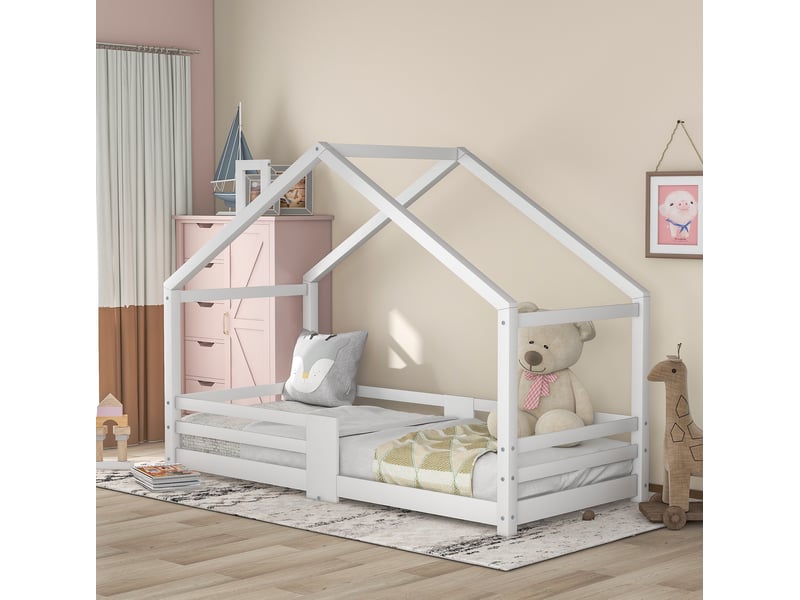  Lit cabane enfant 90x200 cm avec barrières de sécurité et sommier - blanc  - Conforama D