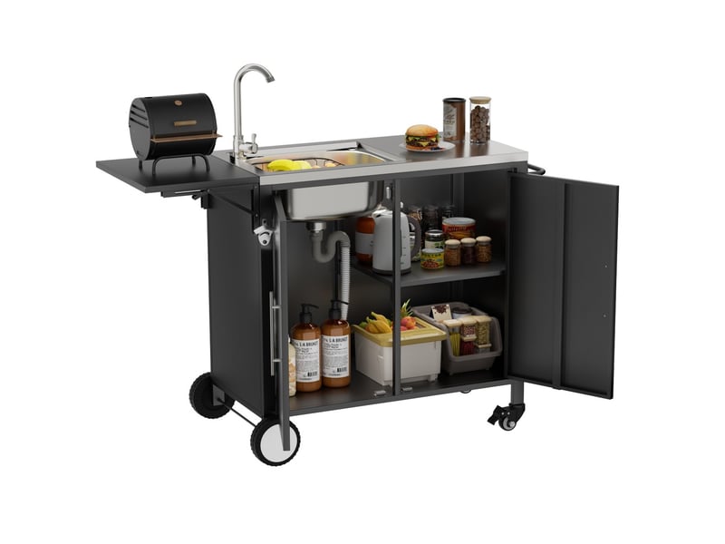  Table barbecue évier îlot cuisine plan rabattable armoire rangement métal chariot roulettes jardin cour pelouse  - Conforama A