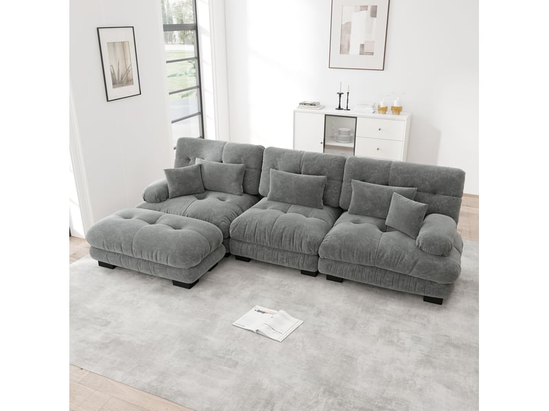  Canapé-lit modulable d’angle 3 places avec ottomans mobiles en chenille gris - 313 x 145 x 81 cm  - Conforama B