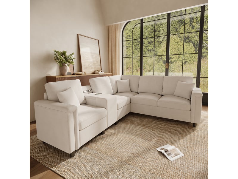  Canapé d’angle 5 places 235x208x83 cm, canapé de salon, sofa modulable, usbtype-c, rangement, porte-gobelets, lampe de lecture, chenille, beige CozyNest - Conforama D