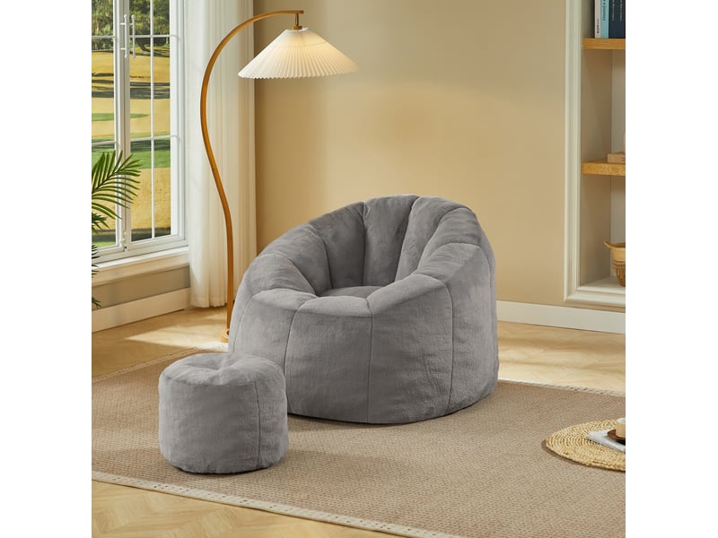 Fauteuil poire fleur modenvie avec repose-pieds en tissu imitation fourrure gris clair 105 x 105 x 70 cm - Conforama D