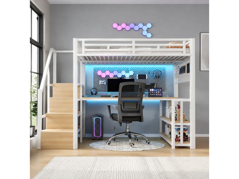 Lit mezzanine lit double 140x200 cm en métal et mdf avec bureau, rangements, led et usb, sans matelas, blanc - Conforama B
