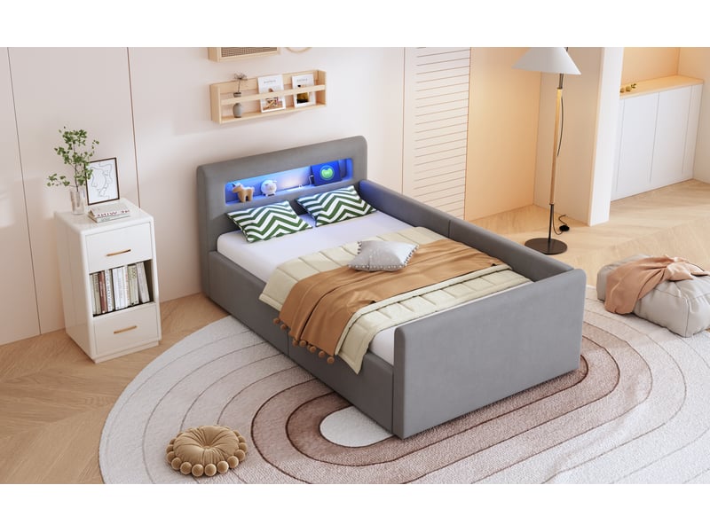  Lit enfant 90x200 cm gris clair velours avec led lumière de nuit port usb rangement hydraulique Sol Morn - Conforama D