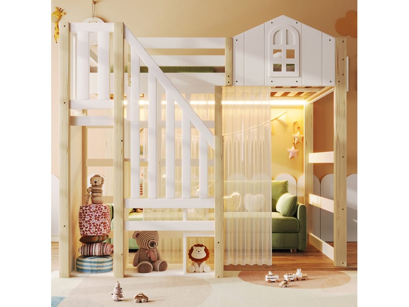  Lit mezzanine tcqpz 140 x 200 cm avec led, fenêtre, escalier de rangement, voile, sans matelas, blanc et naturel  - Conforama E