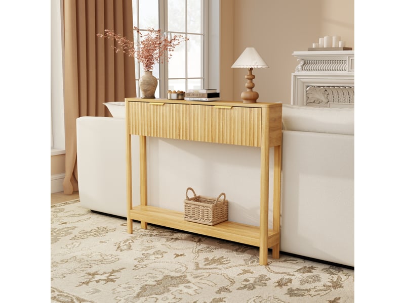  Table d'appoint - console cannelée de style mid-century modern avec 2 tiroirs et une étagère ouverte, chêne, placage chêne  - Conforama W