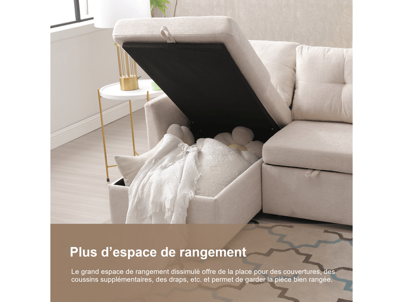  Canapé d'angle convertible réversible en velours côtelé beige avec rangement 206 x 108 x 66-88 cm pour salon 206x108x66cm - Conforama D