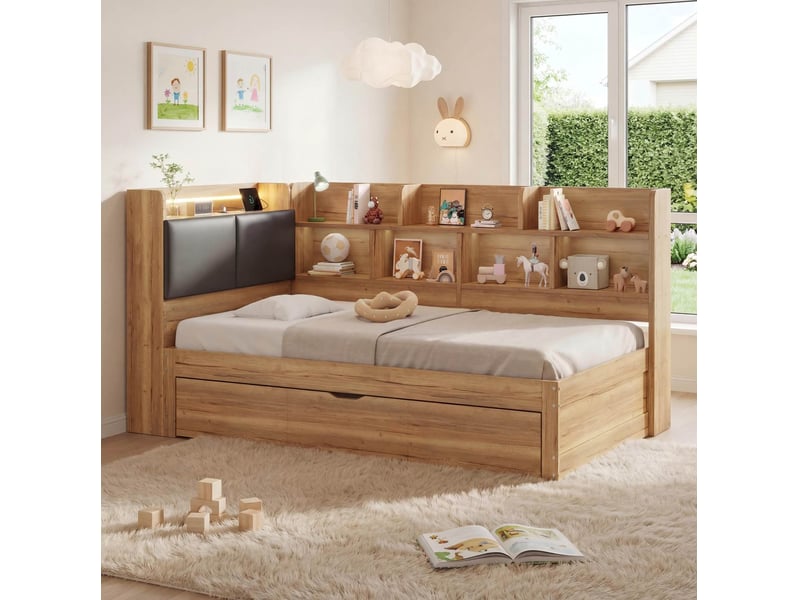  Lit simple enfant 90x200 cm – naturel – lit gigogne 90x190, led, usb-c et rangements intégrés  - Conforama B