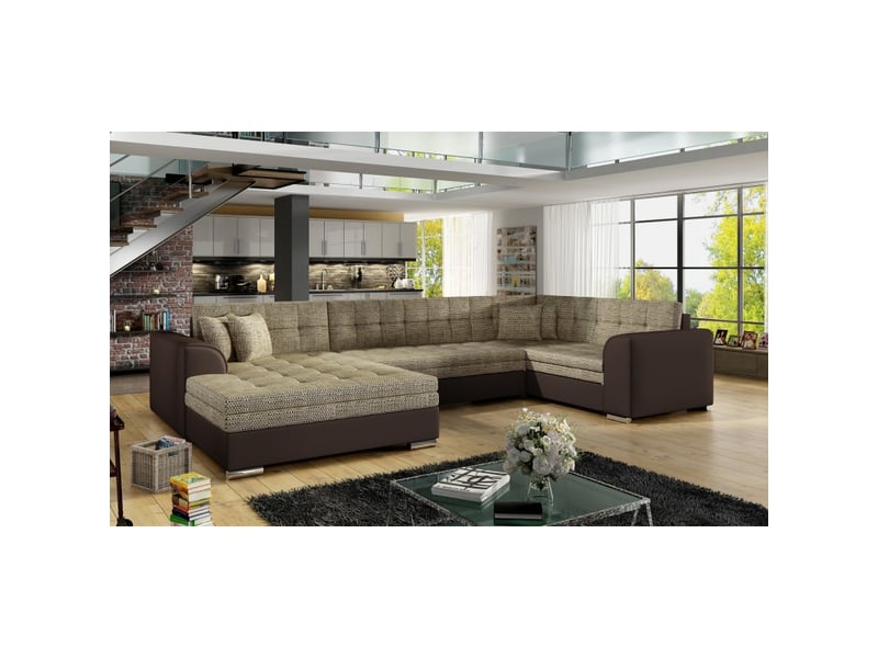  Canapé panoramique convertible caldero 5 places beige et chocolat – angle gauche  - Conforama E