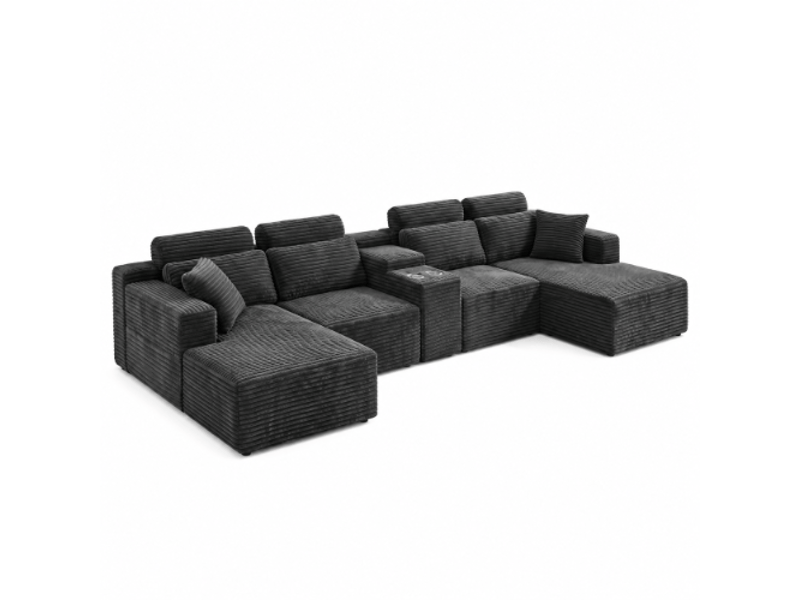 Canapé d'angle modulable en u 6 places xxl en velours côtelé, 372x151x80 cm avec porte-gobelets intégrés, grand canapé salon, gris foncé - Conforama A