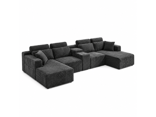 Canapé d'angle modulable en u 6 places xxl en velours côtelé, 372x151x80 cm avec porte-gobelets intégrés, grand canapé salon, gris foncé