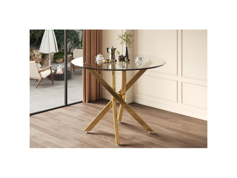  Table ronde 80×80 cm en verre – pieds dorés, style moderne, table basse d'appoint dorée et verre  - Conforama D