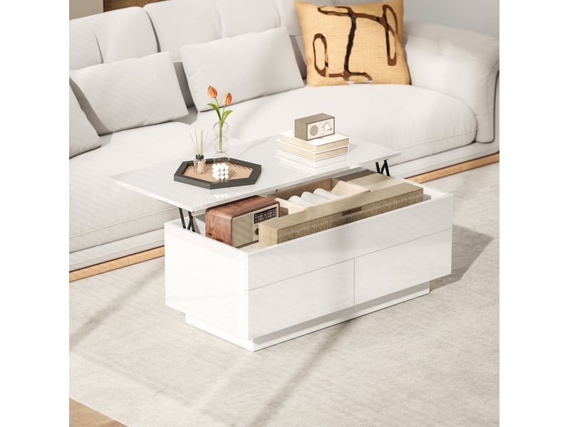  Table basse réglable en hauteur, moderne table de salon avec rangement caché et 2 tiroirs, blanc brillant  - Conforama B