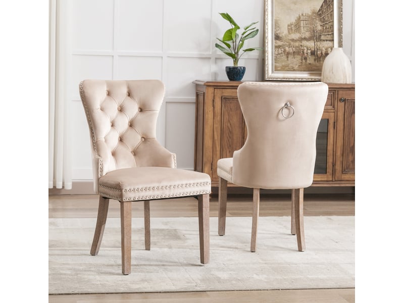  Lot de 2 chaises de salle à manger 53 x 46,5 x 95 cm beige en velours, pieds réglables en bois d'hévéa  - Conforama B