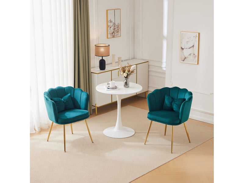  Lot de 2 fauteuils en velours à dossier pétale, avec coussins de soutien et pieds en métal doré verts  - Conforama B
