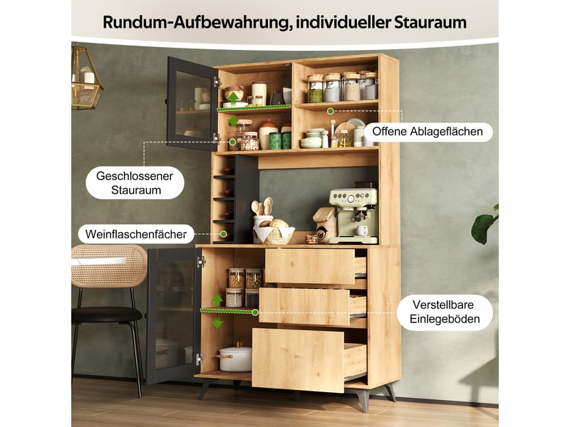 Armoire de cuisine haute 100x40x177,5cm, range-bouteilles, 2 portes en verre trempé, 3 tiroirs et étagères réglables, finition bois et noir, cuisine - Conforama E