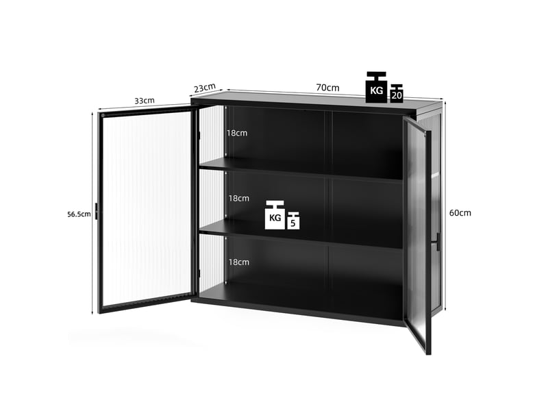  Armoire murale 2 portes 70 x 23 x 60 cm – noire – verre trempé strié, 3 niveaux de rangement modulables  - Conforama C