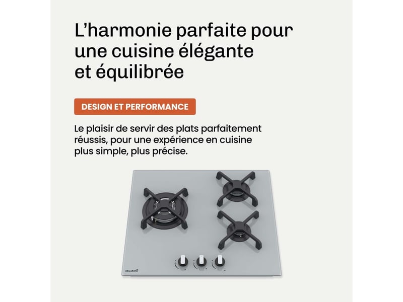 Beldeko plaque de cuisson gaz 3 feux 6200 w - verre gris - brûleur double couronne - grilles en fonte - marque française - Conforama D