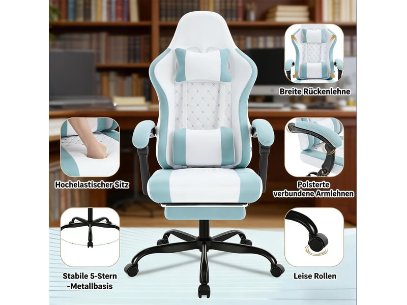  Chaise de bureau gaming ergonomique bleu et blanc avec massage usb, repose-pieds et dossier inclinable 90° à 145°  - Conforama D