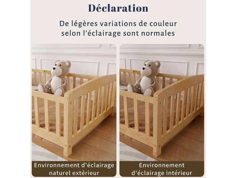  Lit enfant 90x200 cm au sol avec barrière de sécurité en bois de pin naturel - accès central sécurisé  - Conforama R