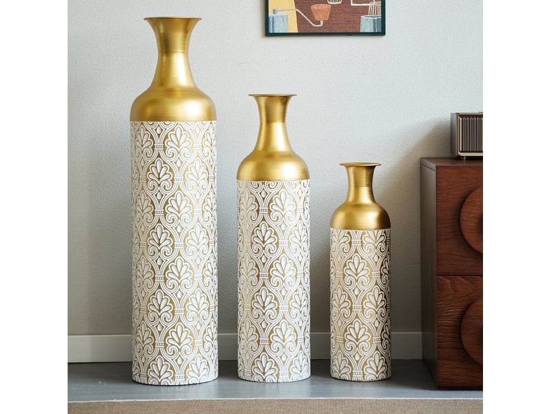  Lot de 3 vases de sol 506683 cm – doré et blanc – métal à décor blanc, pour plantes et fleurs séchées  - Conforama B