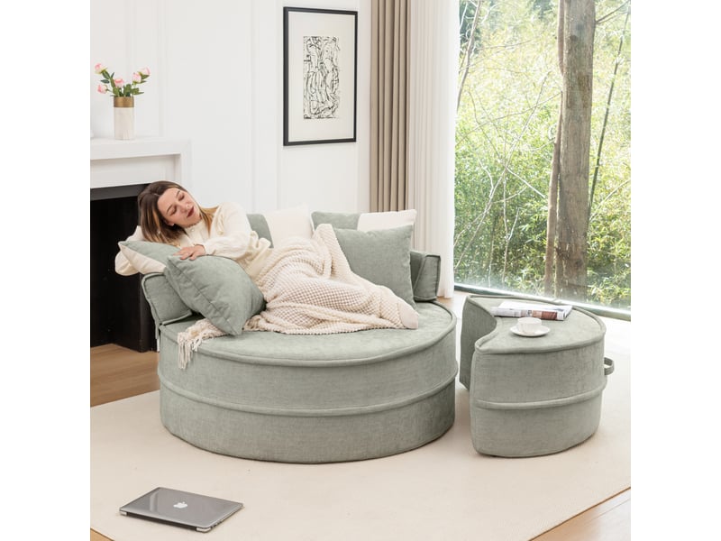  Fauteuil rond en chenille vert menthe avec pouf, fauteuil lounge une place avec cinq coussins pour salon et chambre  - Conforama B