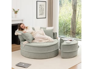 Fauteuil rond en chenille vert menthe avec pouf, fauteuil lounge une place avec cinq coussins pour salon et chambre